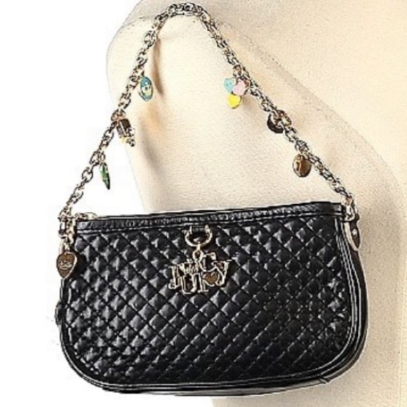 JUICY COUTURE RARE VINTAGE Y2K Baguette Bag  Black Quilted Leather Chain Charms - Picture 1 of 3